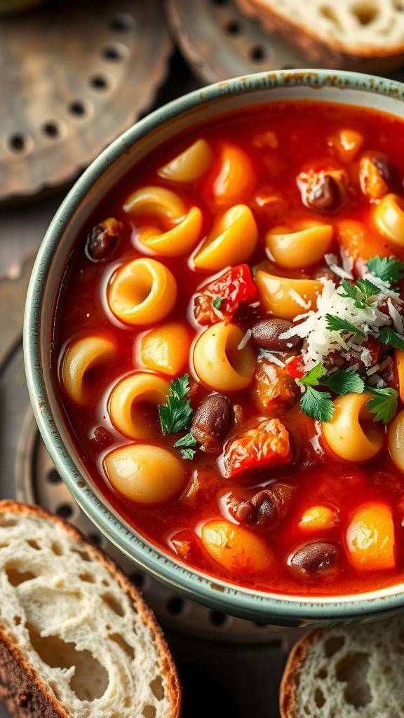 A delicious bowl of Pasta Fagioli soup with beans and pasta, garnished with parsley and Parmesan, on a rustic table with bread.